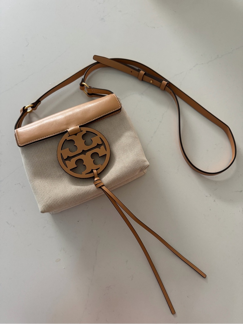 Tory Burch Beige Canvas Crossbody with Tan Leather Trim